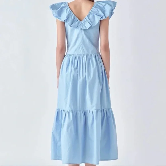 English Factory Midi Dress Womens S Blue V Neck Tiered Ruffle Quiet Luxury New - Picture 2 of 12